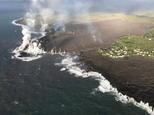 The former Kapoho and Vacationland sits beneath fresh hot lava early in the morning of June 5, 2018. Image: USGS