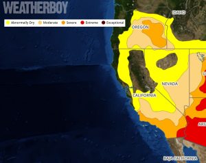 The latest Drought Monitor map shows most of California at least abnormally dry, with moderate or severe drought conditions over the southernmost portion of the state. Image: Weatherboy.com