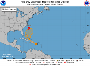 The latest Tropical Outlook from the National Hurricane Center shows where Tropical Storm Chris is and where the remnants of Beryl may go. Image: NHC