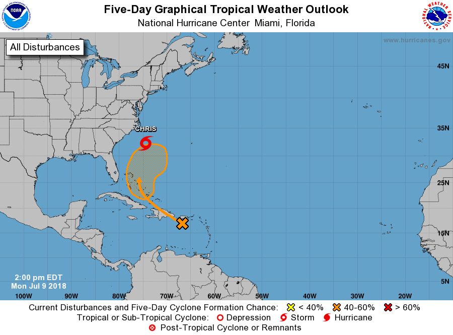 The latest Tropical Outlook from the National Hurricane Center shows where Tropical Storm Chris is and where the remnants of Beryl may go.  Image: NHC