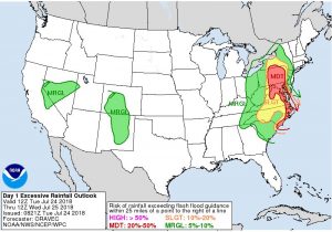 Today's Excessive Rainfall Guidance shows not much movement from yesterday, with central Pennsylvania into Maryland in line for the heaviest rain and most significant flood potential today. Image: NOAA