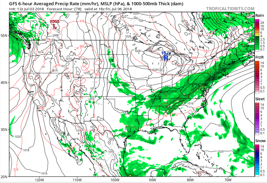 The American GFS shows a thick line of showers and storms associated with a frontal system stretching from northeast to southwest in the eastern US at the end of the week. Image: tropicaltidbits.com