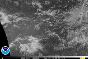 Latest visible satellite photograph shows the area of concern south and east of Hawaii. Image: NOAA