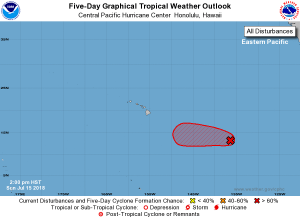The National Hurricane Center in Miami, FL and the Central Pacific Hurricane Center in Honolulu, HI are tracking a system that is now forecast to become a tropical cyclone south and east of Hawaii's Big Island. Hawaii is dealing with an ongoing natural disaster now: the continued eruption of Kilauea Volcano. Image: CPHC