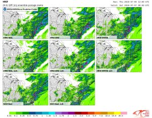 This image shows different computer forecast model output for Friday's heavy rains. While different model rains suggest different amounts, they all call for very heavy rain somewhere in the northeast. Image: NWS