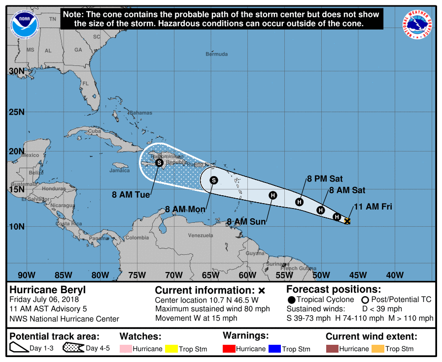 The latest forecast track on Hurricane Beryl from the National Hurricane Center. Image: NHC