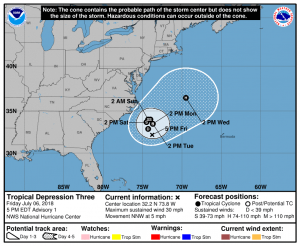 The National Hurricane Center is forecasting that the new Tropical Depression located off the U.S. East Coast will become Hurricane Chris. Image: NHC