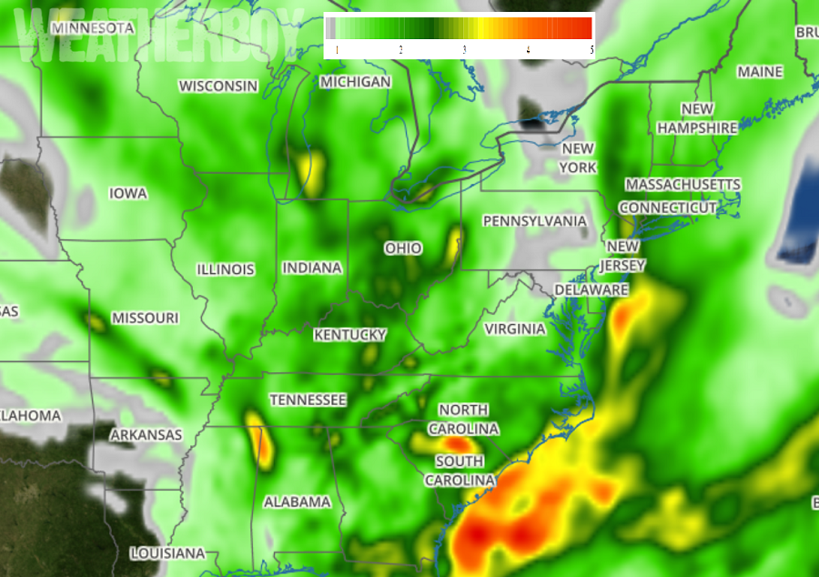 Soaking rains will set-up along the East Coast in the coming days; this map reflects expected rain amounts just through the next 72 hours. Much more rain will fall beyond that. Image: weatherboy.com