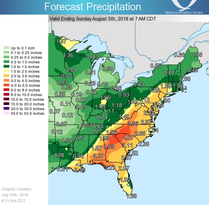 More heavy rain is expected over portions of the Eastern United States over the next 7 days. Image: NWS