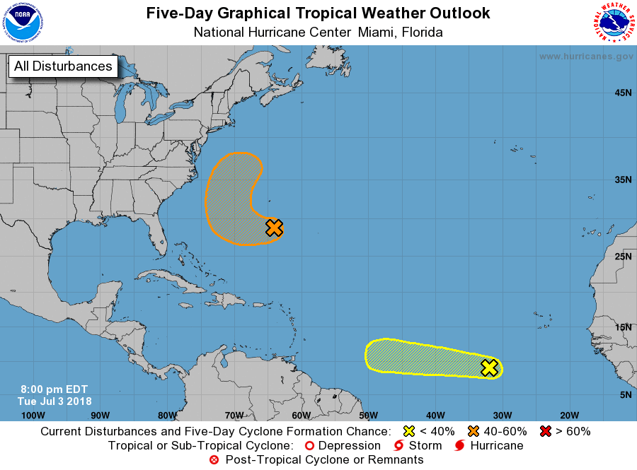 Current 5-Day Tropical Outlook from the National Hurricane Center shows two disturbances of concern in the Atlantic Hurricane Basin. Image: NHC