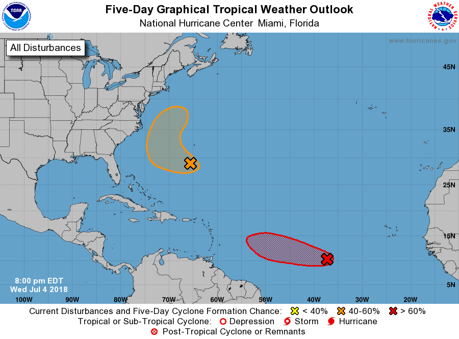 The latest Tropical Outlook from the National Hurricane Center highlights an area in red where it is likely a tropical cyclone will form and move into. Image: NHC