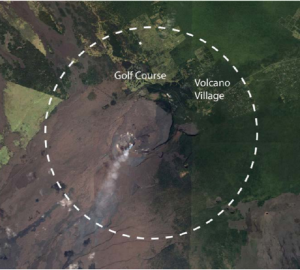 The dashed white circle indicates the approximate boundary of the pyroclastic surge zone at the summit of Kīlauea, assuming for simplicity a source near the center of the caldera. The white line shows only the maximum reasonable distance a surge would travel from the caldera as inferred from past eruptions; it does not indicate that such behavior is likely at this time (it is not), nor that surges would fill the entire area within the circle (surge deposits would likely travel within narrow regions)