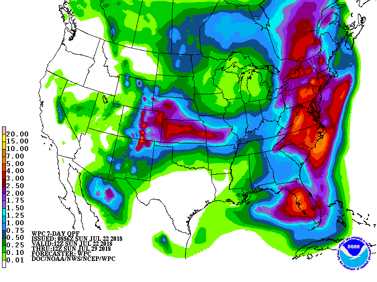 For the 7 day period beginning today and ending next weekend, the National Weather Service expects total rainfall amounts to be high up and down much of the East Coast. Image: NWS