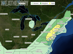 In today's Convective Outlook from the Storm Prediction Center, it appears parts of Maryland, New Jersey, Pennsylvania, and New York, Massachusetts, Connecticut, and Vermont are at risk of severe weather today. Image: weatherboy.com