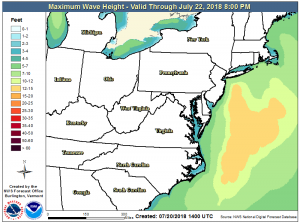 The coastal storm will produce waves in excess of 12' in off-shore waters, but rough waves greater than 6' are expected at the Jersey Shore and the south shore of Long Island as the coastal storm moves through this weekend. Image: NWS