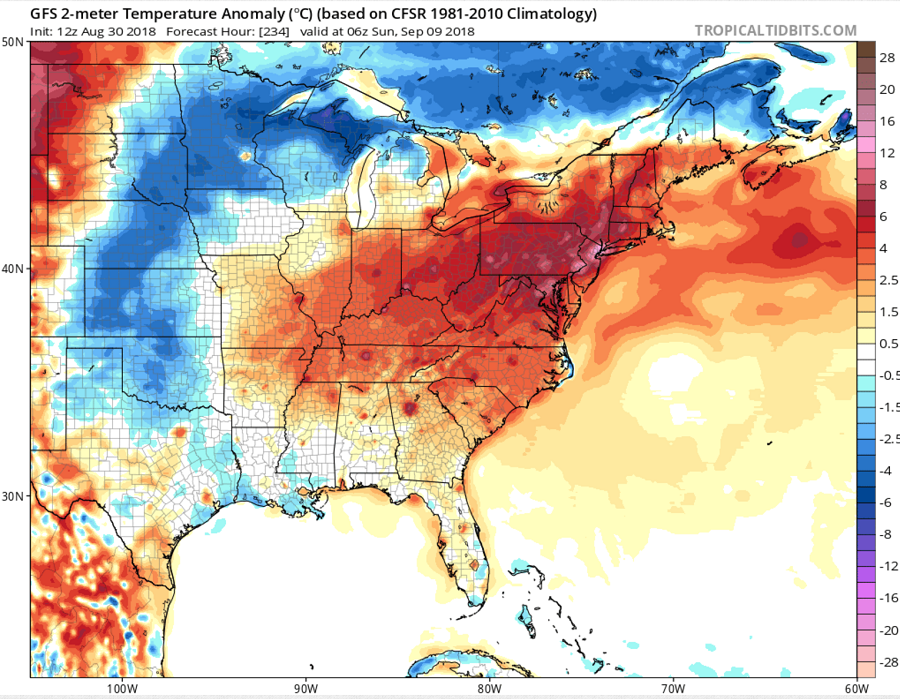 Temperatures well above normal are expected in September, as the American GFS model suggests for September 9 in this rendering. Image: tropicaltidbits.com