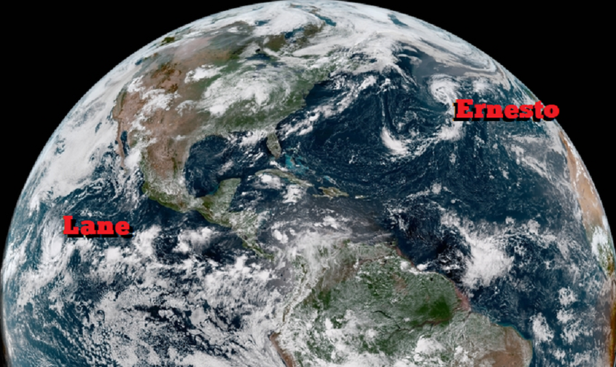 Ernesto and Lane are spinning about; neither are a threat to the U.S. or any land at this time. Image: NOAA