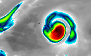 This is a computer forecast model generated illustration showing what an IR enhanced satellite view could look like next Thursday; it shows Hurricane Hector impacting Hawaii's Big Island. Image: tropicaltidbits.com
