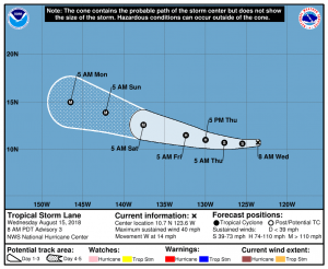 Tropical Storm Lane will enter the Central Pacific Hurricane Center domain when it crosses 140W. Image: NHC