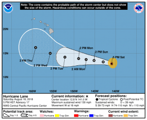 Latest official forecast cone from the Central Pacific Hurricane Center for Major Hurricane Lane. Image: CPHC