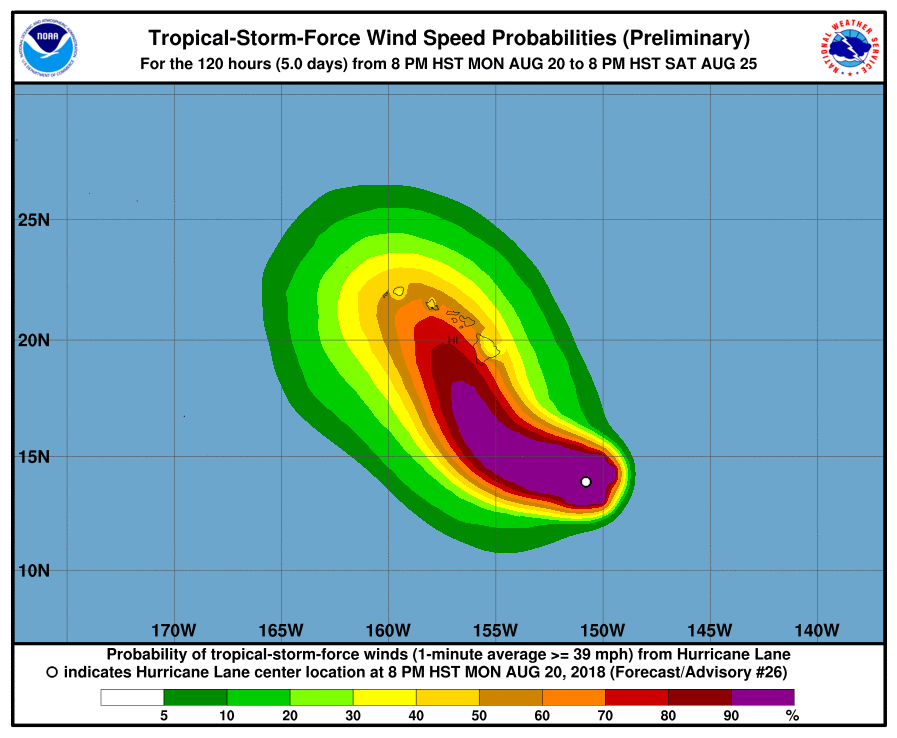 The Central Pacific Hurricane Center believes there is a better chance that tropical storm force winds will impact Hawaii than not from Hurricane Lane this week. Image: CPHC