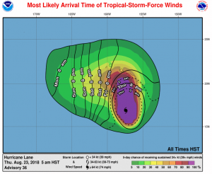 Tropical storm force winds are expected to reach the islands of Hawaii later today. Image: CPHC