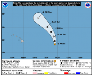 Latest official forecast track from the Central Pacific Hurricane Center for Hurricane Miriam. Image: CPHC