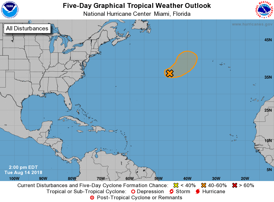 The five day outlook from the National Hurricane Center shows one area in the central North Atlantic being monitored for possible development; elsewhere, no development is expected. Image: NHC