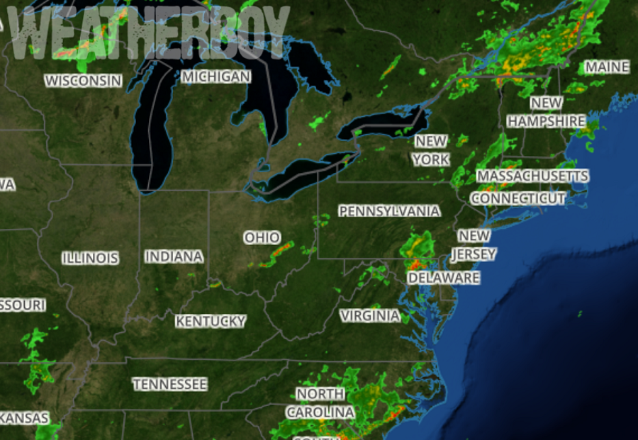 More showers and storms are forming in the Mid Atlantic, dropping heavy amounts of rain into an area that is saturated. Image: weatherboy.com