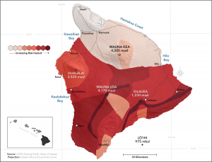A Laza Hazards map developed by the USGS shows the areas on Hawaii that have the greatest risk from a volcanic eruption. The darkest color illustrates the area with the greatest risk; Leilani Estates is within such a zone in Puna in eastern Hawaii. Image: USGS