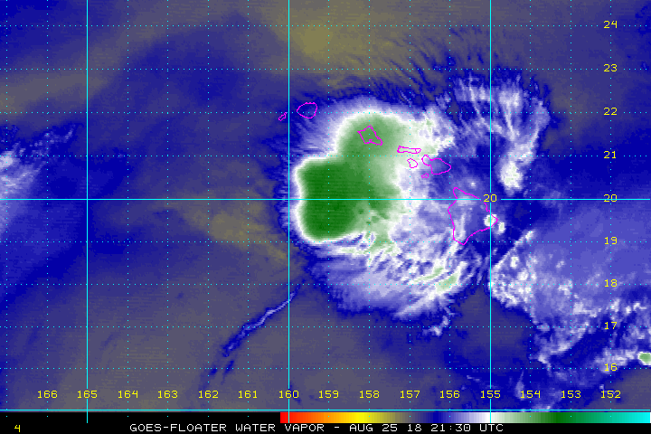 A water vapor image from the GOES satellite shows where deep moisture persists around Lane by Hawaii. This moisture will continue to threaten Hawaii with flooding rains this weekend.  Image:  NOAA