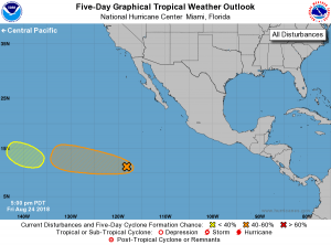 The National Hurricane Center is monitoring two additional systems for potential tropical development east of Hawaii. Image: NHC