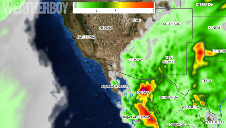 Heavy rain is expected to fall in the southwestern U.S. from a Tropical Depression that has formed in the Gulf of California. Image: weatherboy.com