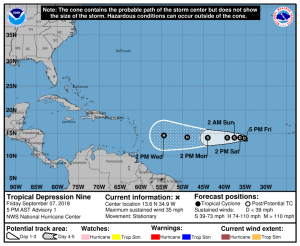 Tropical Depression #9 is forecast to become a hurricane over time, as this first forecast track map from the National Hurricane Center shows. Image: NHC