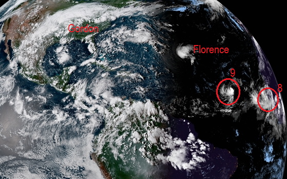 Meteorologists are busy: tropical depressions #8 and #9 have formed; they are likely to become Tropical Storms Helene and Isaac soon. Image: NOAA