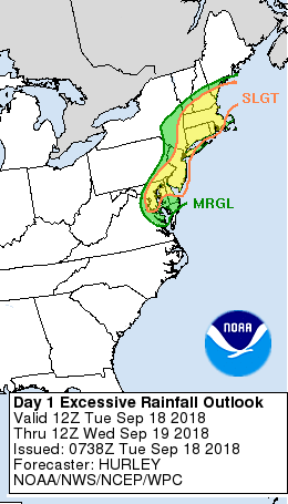 The Excessive Rain Outlook highlights an area in yellow with the best chances of seeing heavy rain and potential flood issues today through 8am tomorrow. Image: NWS