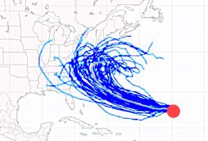 Latest plots from the European ECMWF forecast model showing possible tracks for Hurricane Florence being presented by ensemble members.