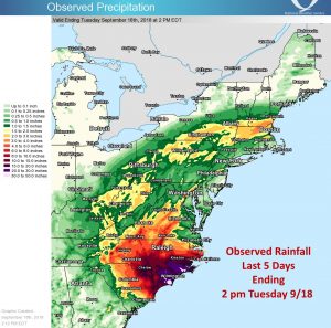 More than 30" of rain fell from Hurricane Florence in the eastern United States. Image: NWS