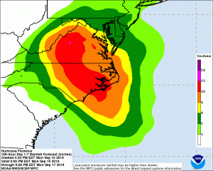 Heavy rain in excess of 15" could fall over portions of the Mid Atlantic should Hurricane Florence impact land. Image: NHC