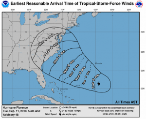 Estimated earliest arrival of tropical storm force conditions from Major Hurricane Florence.  Image: NHC