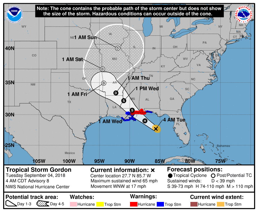 Hurricane Warnings are up in red ahead of the likely impact from Gordon later today. Image: NHC