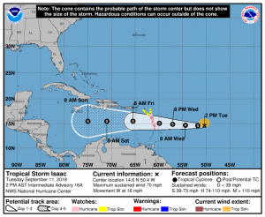 Hurricane Watches are now up ahead of Isaac. Image: NHC