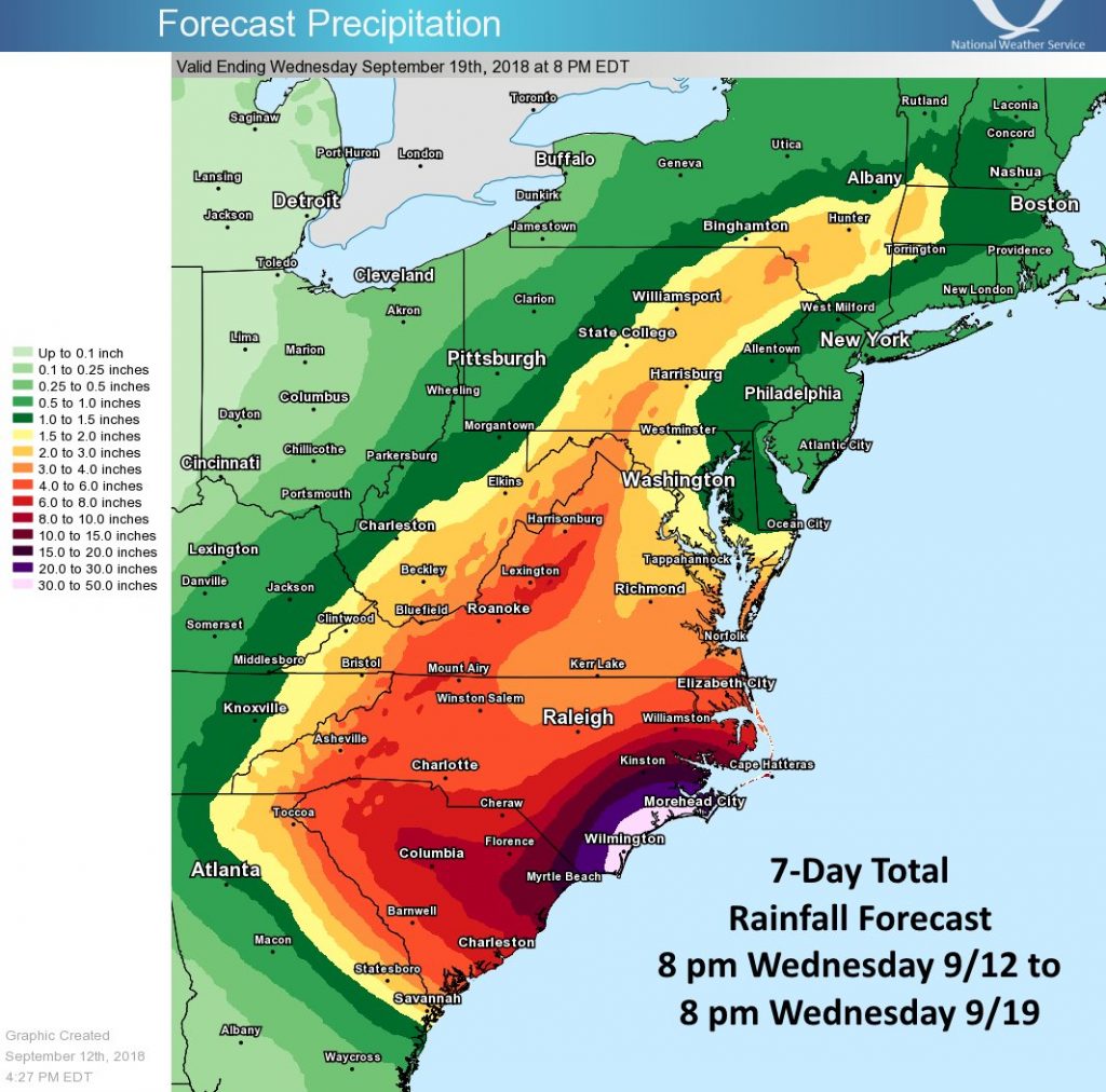 More than 20" of rain is possible from Hurricane Florence over the next seven days. Image: NWS