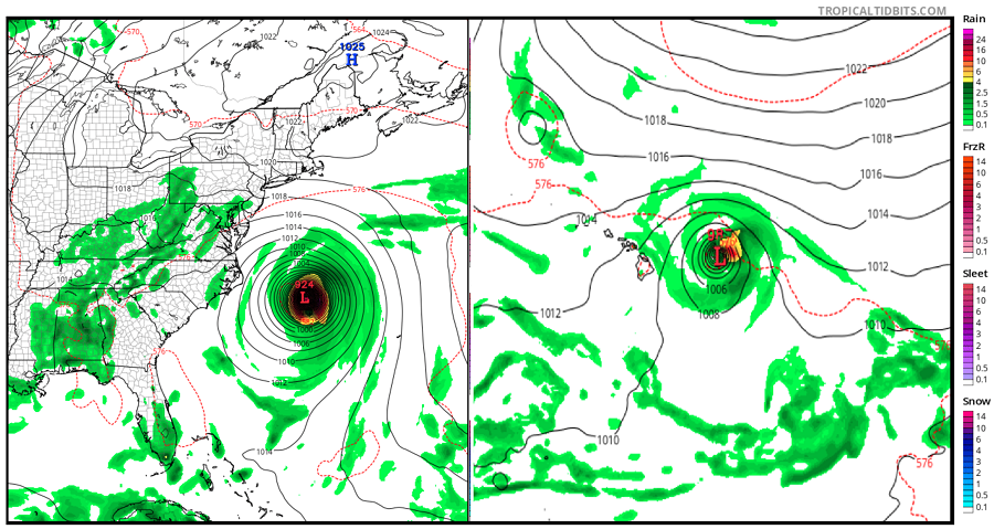 Forecast models, such as these latest runs of the American GFS forecast model, bring hurricanes to the U.S. Coast in both the Central Pacific and Atlantic Hurricane basins. Image: tropicaltidbits.com