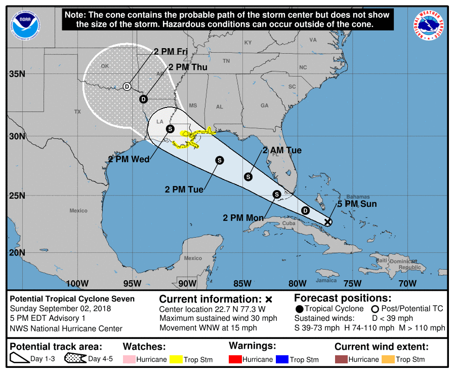 Official forecast track for Potential Tropical Cyclone #7 which will likely become named Gordon over time.  Image: NHC