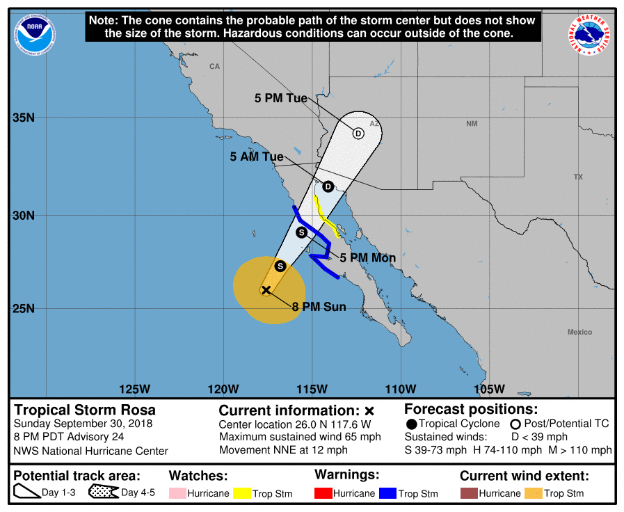 Tropical Storm Rosa will bring a variety of dangerous weather to both Mexico and the southwestern United States in the coming days. Image: NHC