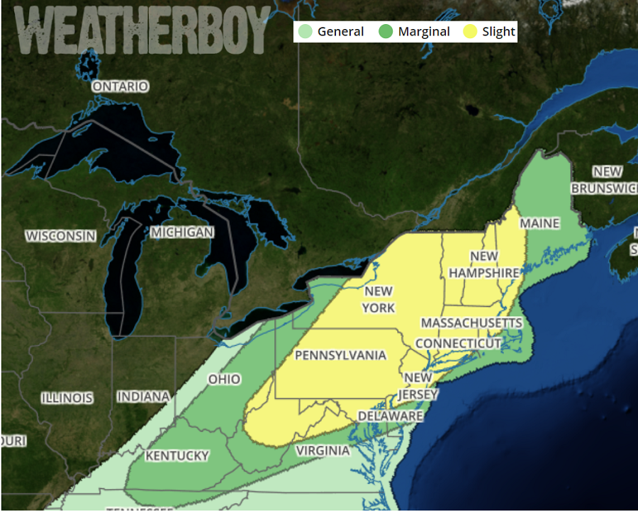 The area in yellow has the highest risk of thunderstorms on Wednesday. Image: weatherboy.com