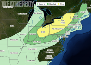 The area in yellow has the greatest chance of seeing severe storms tomorrow, followed by the area in dark green. The light green area could see thunderstorms, but there, they aren't expected to become severe. Image: weatherboy.com