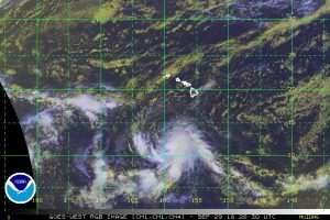 Latest satellite view shows newly formed Tropical Storm Walaka south of Hawaii. Image: NOAA