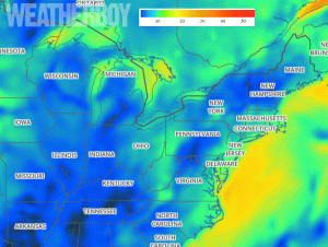 Gusty winds are possible on Tuesday as what's left of Florence moves through the northeast. This map represents sustained winds; gusts may be 10-20mph higher than these expected readings. Image: weatherboy.com